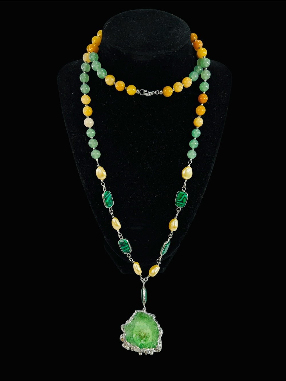 Vintage Green Malachite Jade Orange Beaded Silver Tone 32” Statement Necklace